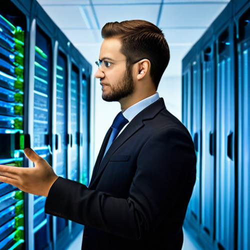 A skilled male database administrator, fully clothed in professional business casual attire, stands confidently in a high-tech server room. He interacts with a large, transparent display showing abstract visualizations of data flows and memory allocation, his hand gestures suggesting expertise and control over complex systems. The display glows with optimized data pathways, representing efficient buffer pool and shared memory utilization. The environment is a clean, modern data center with rows of sleek, humming server racks, accented by subtle blue and green LED lights indicating efficient operations. This image should be professional photography, high resolution, with sharp focus, vibrant colors, and cinematic lighting, showing perfect anatomy, correct proportions, and a natural pose, with well-formed hands and proper finger count. This is appropriate content, safe for work, and family-friendly.