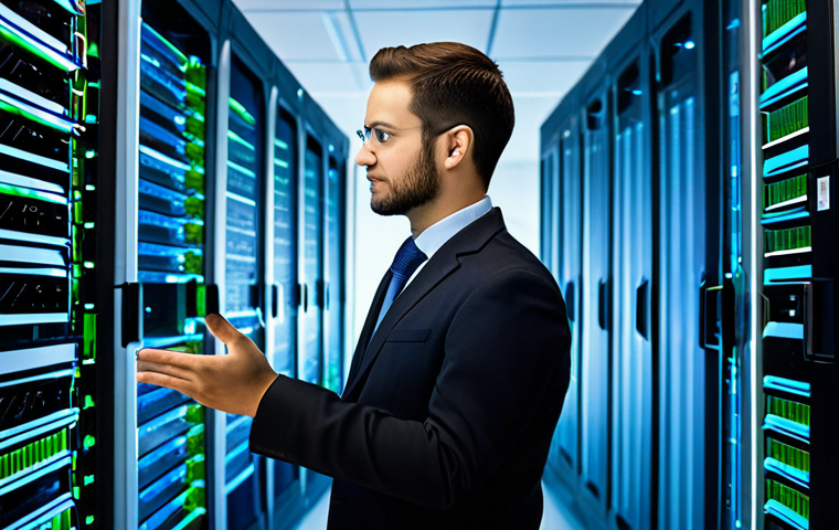 A skilled male database administrator, fully clothed in professional business casual attire, stands confidently in a high-tech server room. He interacts with a large, transparent display showing abstract visualizations of data flows and memory allocation, his hand gestures suggesting expertise and control over complex systems. The display glows with optimized data pathways, representing efficient buffer pool and shared memory utilization. The environment is a clean, modern data center with rows of sleek, humming server racks, accented by subtle blue and green LED lights indicating efficient operations. This image should be professional photography, high resolution, with sharp focus, vibrant colors, and cinematic lighting, showing perfect anatomy, correct proportions, and a natural pose, with well-formed hands and proper finger count. This is appropriate content, safe for work, and family-friendly.