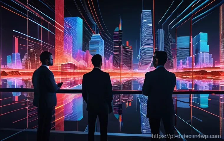 데이터베이스 성능 향상을 위한 경험담 공유 - A digital cityscape under strain, with data streams represented as glowing rivers of light. Some riv...
