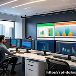Home 18 SQL 쿼리 최적화를 위한 분석 기법 - A detailed digital illustration of a modern office environment showing a diverse team of Brazilian s...
