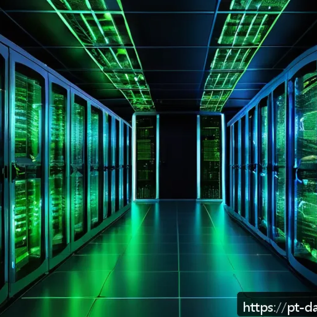 데이터베이스에서의 분산 처리 최적화 - A detailed, futuristic data center interior showing multiple servers interconnected with glowing blu...