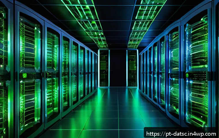 데이터베이스에서의 분산 처리 최적화 - A detailed, futuristic data center interior showing multiple servers interconnected with glowing blu...